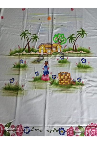 Handpainted cotton silk bedsheet with scenery in center and floral print